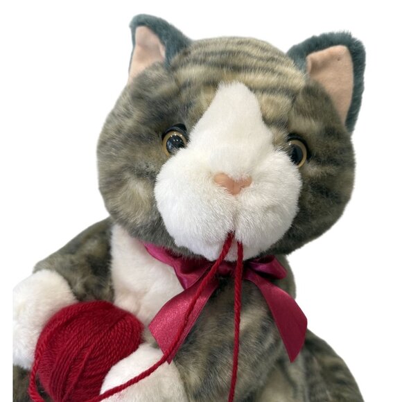 MTY INTL Adorable Plush Sitting Tabby Cat Toy With Red Bow Yarn Ball Soft Gift - Picture 2 of 6